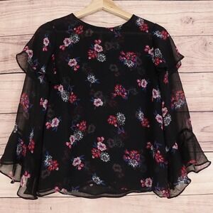 Express‎ Blouse Womens S Black Floral Bell Sleeve Ruffle Chiffon Sheer Top